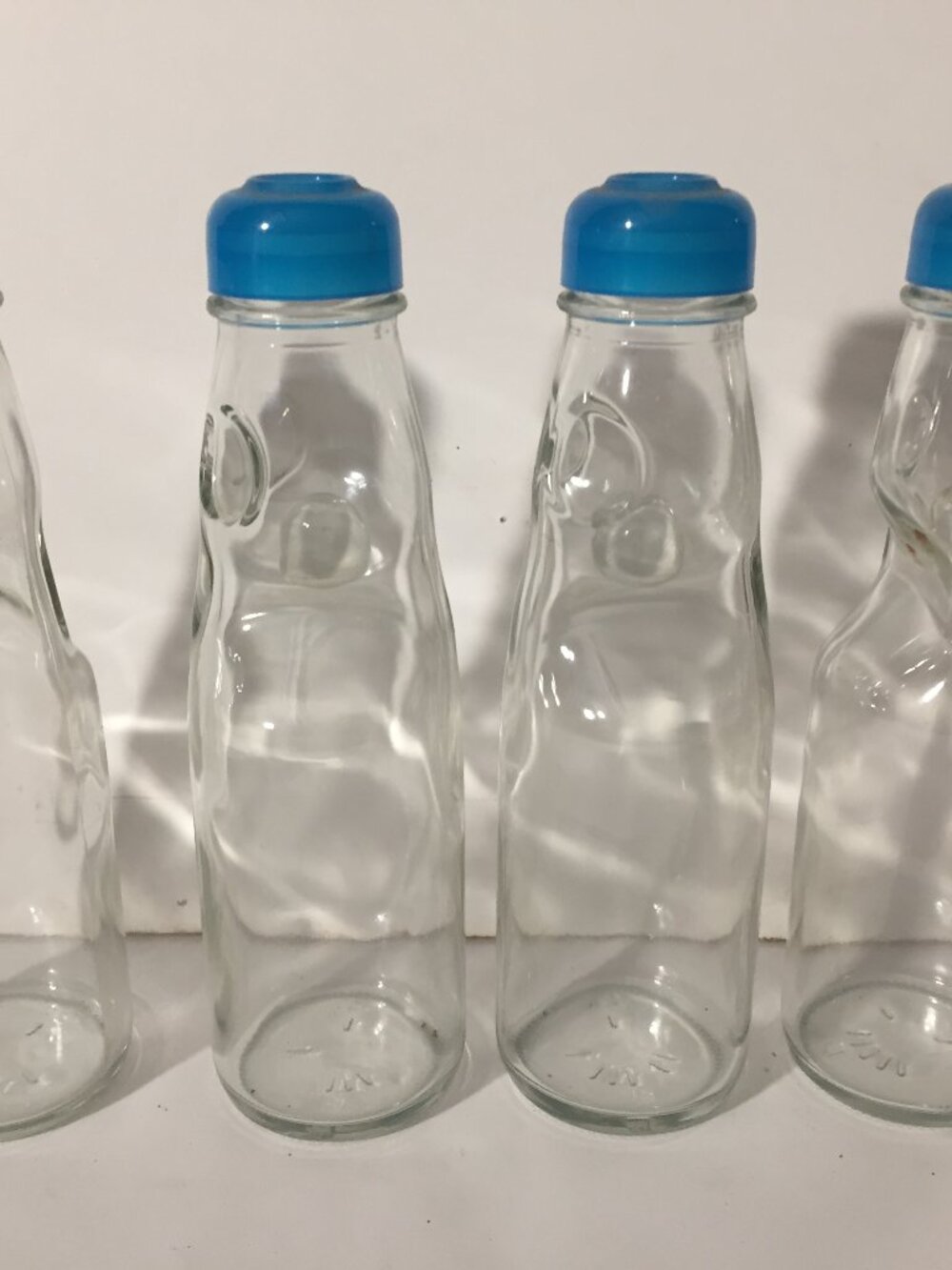 4 Clear Glass Japanese Ramune Codd Neck Soda Bottle with Marble Stopper & top
